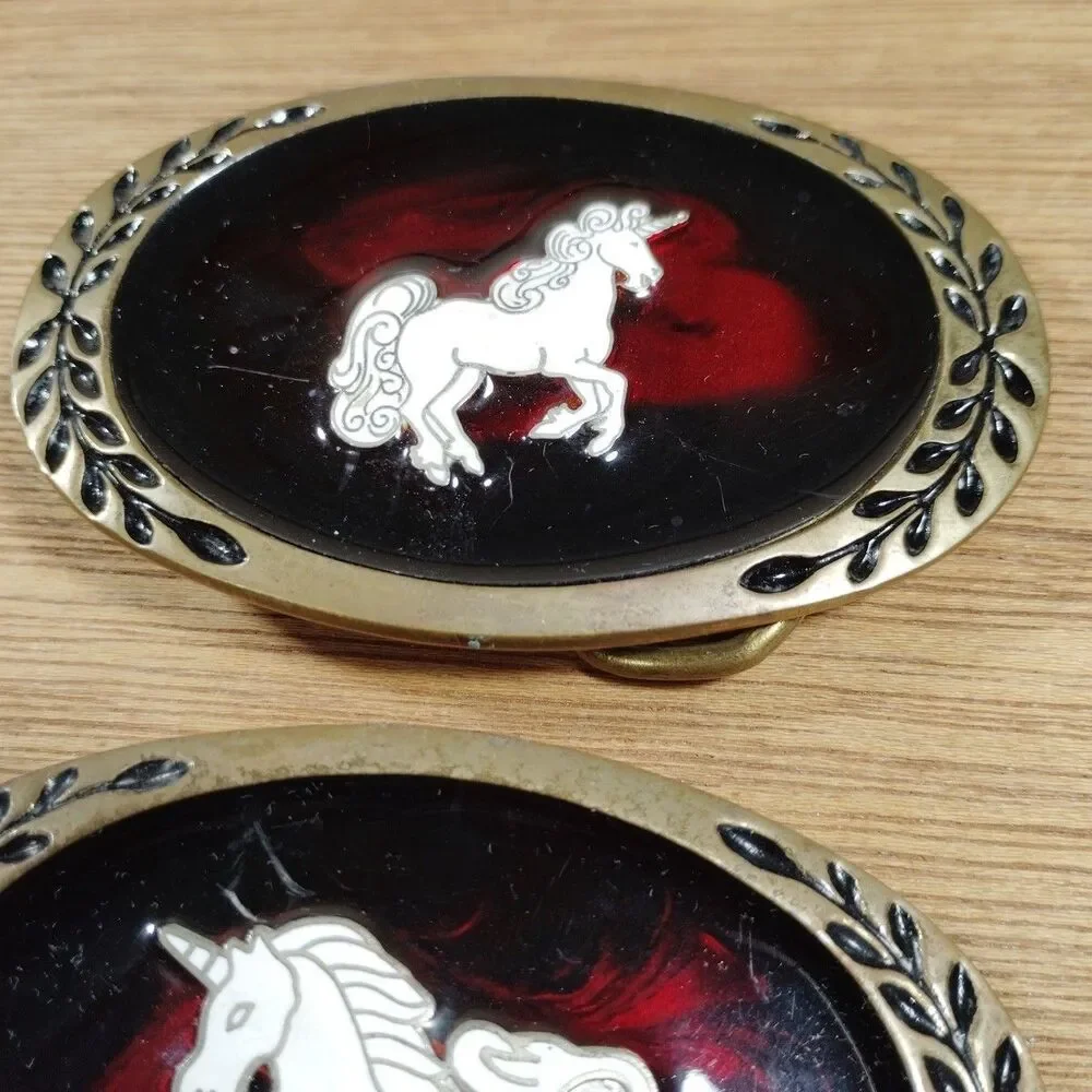Three Vintage Unicorn Brass Belt Buckle Heritage Red Heart Lot Mystical Magical